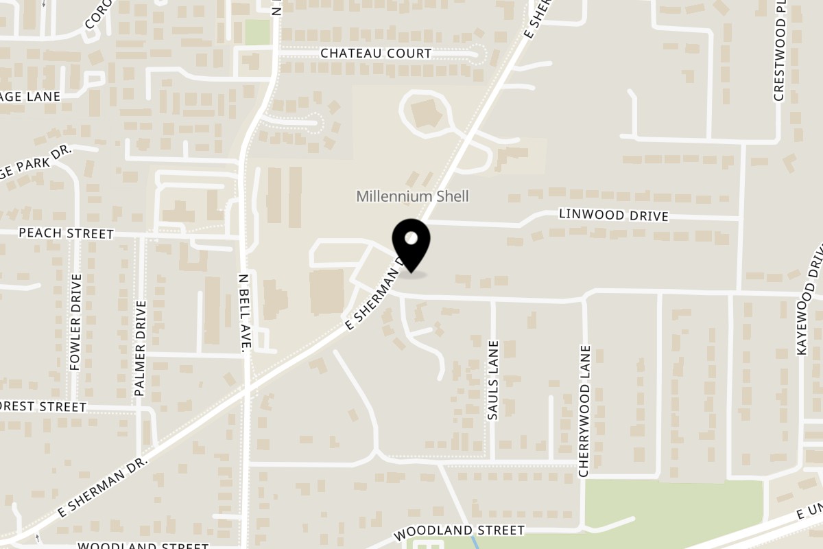 Map showing the location of El Perro Loco Grill on 700 E Sherman Dr in Denton